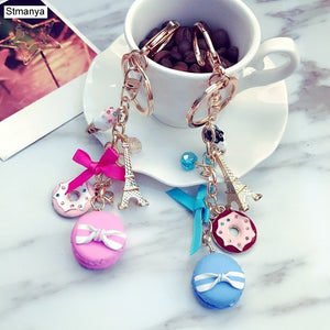 Macarons Cake Keychain Keychains With France Paris LADUREE Effiel Tower Macarons Ribbon Keyrings Bag Charm Gift Accessories 1502